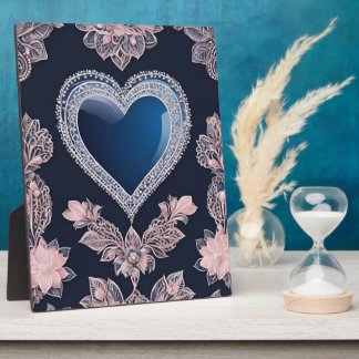 Navy Blau und Blush Pink Florales Herz AI-Kunst Fotoplatte