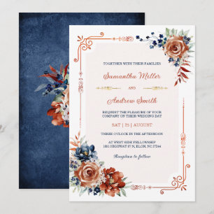 Navy Blau und Braun Orange Goldene Hochzeitsvorlag Einladung
