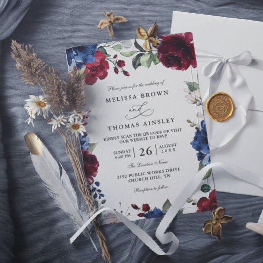 Navy Blau und Burgunderrot QR-Code-Hochzeit Einladung