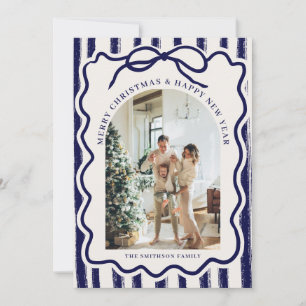 Navy Blau und Champagner Eleganter Bogen Foto Weih Feiertagskarte