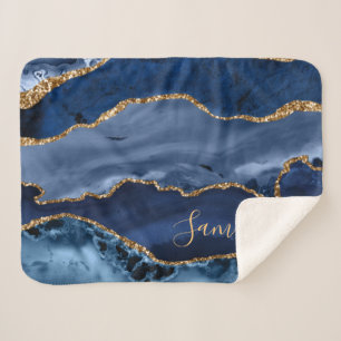 Navy Blau und Faux Gold Glitter Marble Achat Sherpadecke