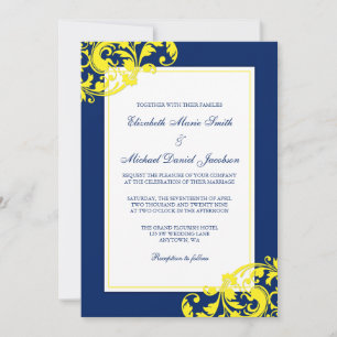 Navy Blau und Gelbe Flourish Wirbel Hochzeit Einladung