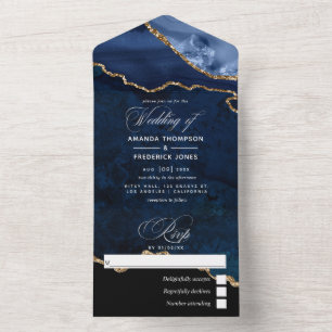 Navy Blau und Gold Achat Hochzeit All In One Einladung