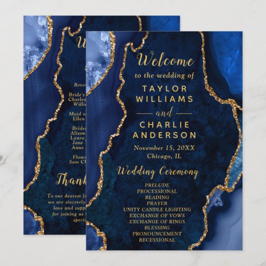 Navy-Blau und Gold-Achat Hochzeitsprogramm Programm (Vorne/Hinten)