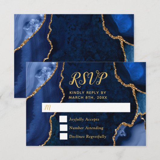 Navy Blau und Gold Achat Marmor RSVP Karte (Vorne/Hinten)