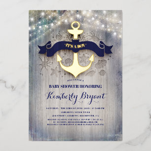 Navy Blau und Gold Anker Rustikale Strand-Baby-Par Folieneinladung