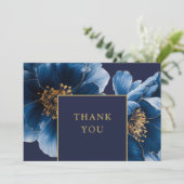 Navy Blau und Gold Blumen Dankeskarte (Stehend Vorderseite)