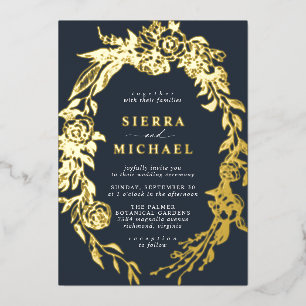 Navy Blau und Gold Blumen Elegante trübsinnige H Folieneinladung