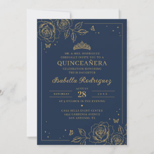 Navy Blau und Gold Blumen Quinceañera Einladung