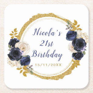 Navy Blau und Gold Elegante Blumen Geburtstag Rechteckiger Pappuntersetzer