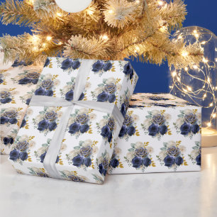 Navy Blau und Gold Elegante Blumen  Geschenkpapier