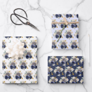 Navy Blau und Gold Elegante Blumen Geschenkpapier Set