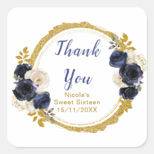 Navy Blau und Gold Elegante Blumen Sweet Sixteen Quadratischer Aufkleber