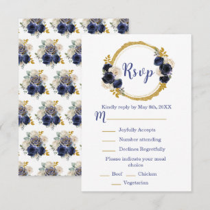 Navy Blau und Gold Elegante Blumen Sweet Sixteen RSVP Karte