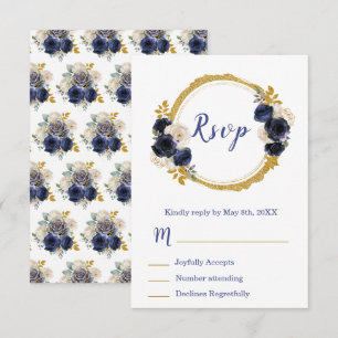 Navy Blau und Gold Elegante Blumen Sweet Sixteen RSVP Karte