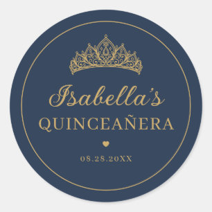 Navy Blau und Gold Elegante Tiara Quinceañera Runder Aufkleber