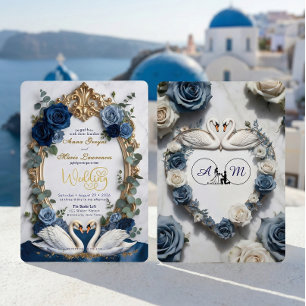 Navy Blau und Gold Faux Glitz Blumen Formal Hochze Einladung