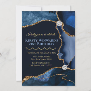 Navy Blau und Gold Glitter Achat Geburtstagsfeier Einladung