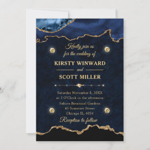 Navy Blau und Gold Glitter Achat-Marmor-Hochzeit Einladung