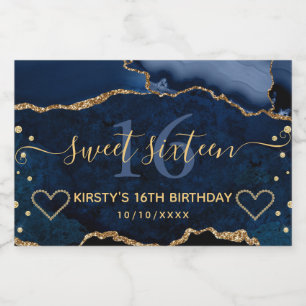 Navy Blau und Gold Glitter Achat Murmel Sweet 16 Schaumweinetikett