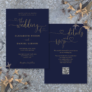 Navy Blau Und Gold Herz Schrift QR Code Hochzeit Einladung