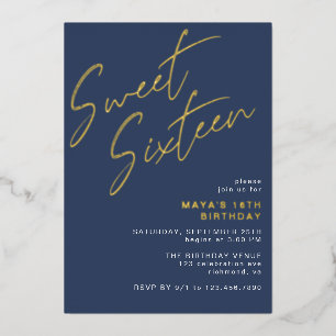 Navy Blau und Gold Sweet Sixteen Coole 16. Geburts Folieneinladung
