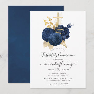Navy Blau und Gold Vintage-Rose Erstkommunion Einladung