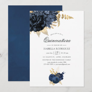 Navy Blau und Gold Vintage-Rose Quinceañera Einladung
