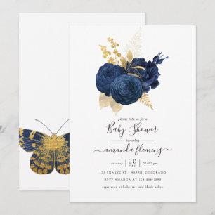 Navy Blau und Gold Vintage-Rosen-Baby-Party Einladung