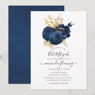 Navy Blau und Gold Vintage-Rosen Bat Mizwa Einladung