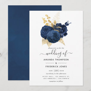 Navy Blau und Gold Vintage-Rosen-Hochzeit Einladung