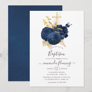 Navy Blau und Gold Vintage-Rosen-Taufe Einladung