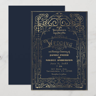 Navy Blau und Gold Vintage Viktorianischer Deco Ho Einladung