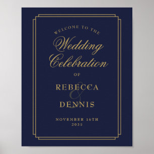 Navy Blau und Goldene Art Deco Hochzeits-Willkomme Poster