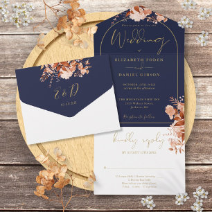 Navy Blau und Goldene Bögen Rustikale Blumen Hochz All In One Einladung