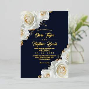 Navy Blau und Goldene Rosen Florale Hochzeit Folieneinladung