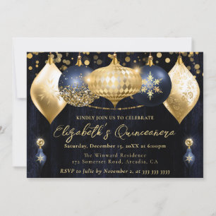 Navy Blau und Goldene Weihnachts-Kugeln Quinceaner Einladung