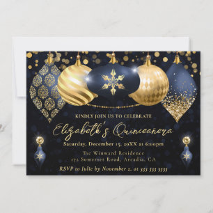 Navy Blau und Goldene Weihnachts-Kugeln Quinceaner Einladung