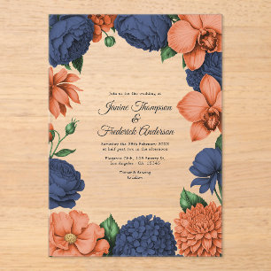 Navy Blau und Korallenrot Moderne Botanische Hochz Acryleinladungen