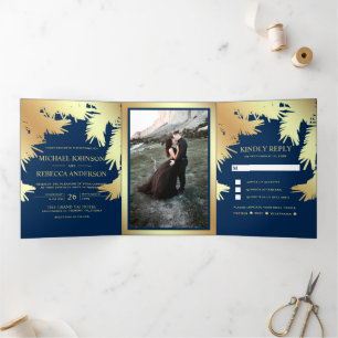 Navy Blau und künstliche Goldfolie Palmwedel Hochz Dreifach Gefaltete Einladung