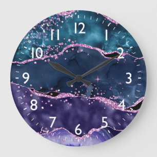 Navy Blau und Lila Glitter Ocean Achat Große Wanduhr