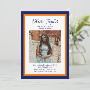 Navy Blau und Orange Rand Foto Abschlussfeier Einladung