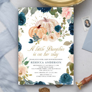 Navy Blau und Pfirsich Blumen-Kürbis-Baby-Party Einladung