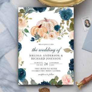 Navy Blau und Pfirsich Blumiger Kürbis Hochzeit Einladung