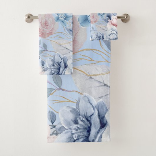 Navy Blau und Rosa Blumen Badhandtuch Set (Insitu)