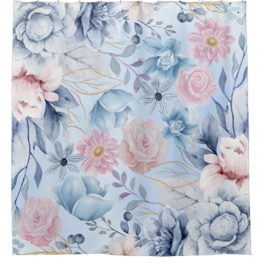 Navy Blau und Rosa Blumen Duschvorhang (Vorderseite)