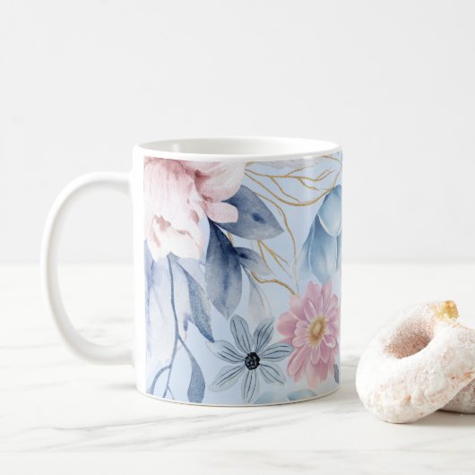 Navy Blau und Rosa Blumen Kaffeetasse (Mit Donut)