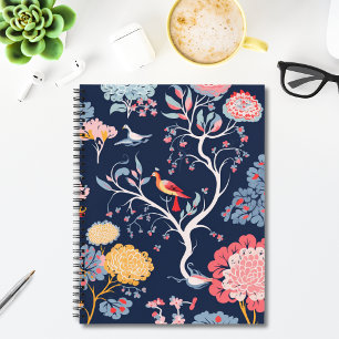 Navy Blau und Rosa Blumen-Vogel-Muster Notizblock