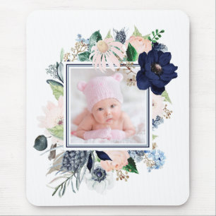Navy Blau und Rosa Floral mit Ihrem Foto Mousepad