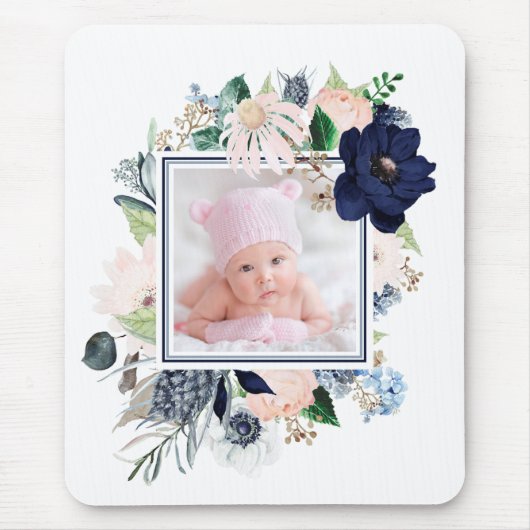 Navy Blau und Rosa Floral mit Ihrem Foto Mousepad (Vorne)